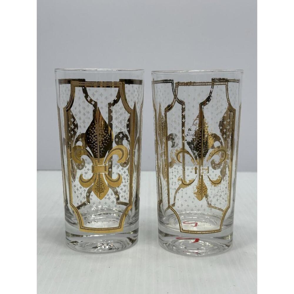 (2) Vintage Fred Press Fleur-De-Lis Highball Glasses 22K Gold MCM Signed‎